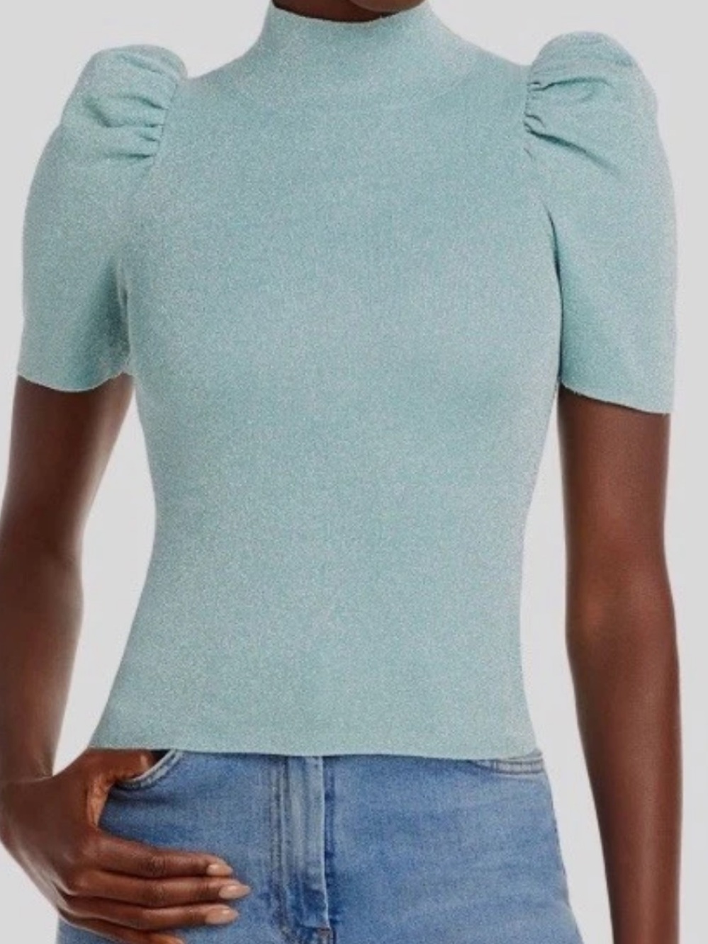 Alice + Olivia Light Mint Puff-Sleeve Mock Neck Top